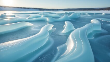 Poster - Winter landscape with textured ice sculptures on a frozen lake under bright sunlight