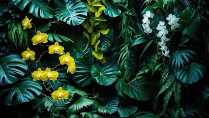 Poster - Lush Foliage Leaf Texture with Dark Green Tropical Leaves Background