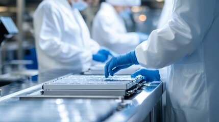 Poster - Manufacturing process in cleanroom factory industrial scene high-tech environment close-up view production efficiency