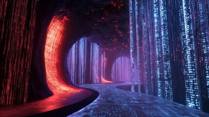 Poster - Digital neon pathways futuristic cave 3d render virtual environment wide angle tech exploration