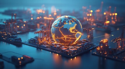 Poster - Global shipping operations port city digital art nighttime aerial view connectivity and trade