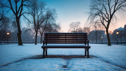 Poster - Frozen Park Setting Featuring an Empty Bench and Crisp Snow Under Bright Daylight