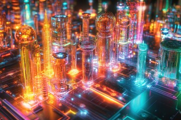Poster - Colorful futuristic cityscape with glowing skyscrapers and vibrant lights set on a digital network at night