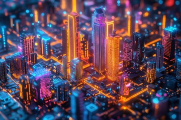 Poster - Colorful futuristic cityscape with glowing skyscrapers and vibrant lights set on a digital network at night