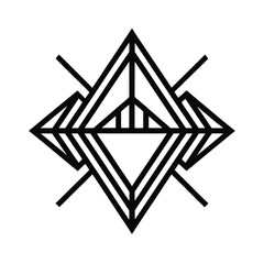 Poster - Geometric black and white starburst or emblem design with overlapping triangles and lines creating a modern aesthetic.