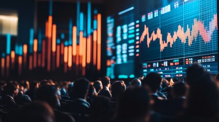 Poster - market trends analysis presentation large conference hall data visualizations corporate environment 