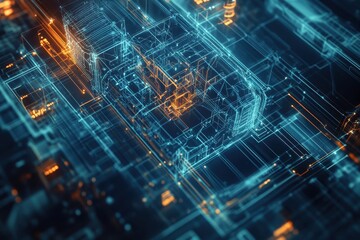 Poster - 3D digital rendering of a cityscape featuring interconnected buildings and roads from an aerial perspective during nighttime