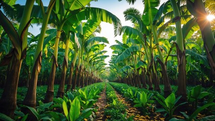 Poster - Daylight illuminates banana trees in a natural banana farm with organized rows