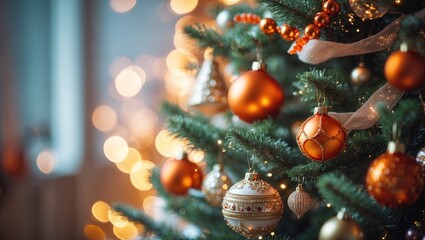 Poster - Holiday Christmas tree embellished with toys amid a glittering, blurred background with stunning bokeh and space for text