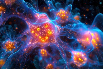 Poster - Colorful microscopic view of neurons displaying intricate connections and vibrant patterns in a deep space environment