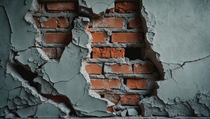 Poster - Wall object with damaged plaster, cracks, and exposed bricks, against a background of wall destruction
