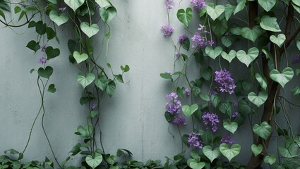 Poster - Concrete wall decorated with trees and floral growths