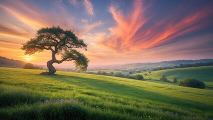 Wall Mural - relaxing panoramic rural vista in the summer morning after sunrise, highlighting a tree on green gra