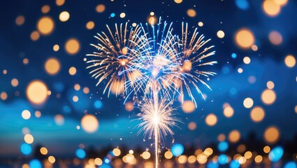 Poster - Bokeh and empty space with gold and blue fireworks. Abstract celebration background.