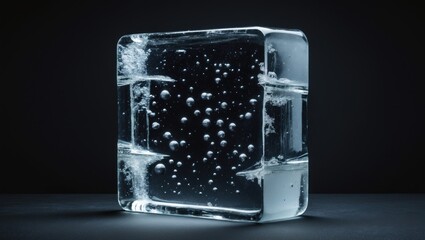 Poster - Frozen rectangular ice cube with internal bubbles and fractures, isolated on black background, includes clipping path