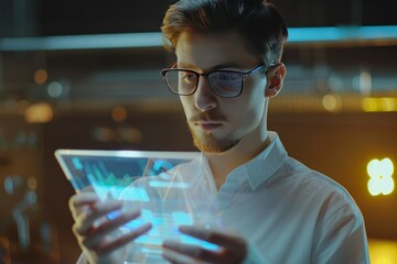 Poster - Futuristic Businessman Analyzing Data on Holographic Tablet