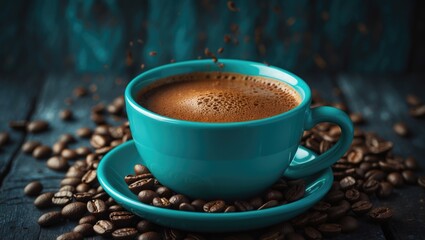 Poster - Hot espresso in a traditional coffee cup on wooden table