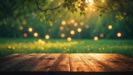 Poster - Forest-themed wooden table background featuring a sunny summer meadow with lush green grass for products and food