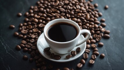 Poster - Dark Coffee in a White Cup with Coffee Beans and Texture Background for Breakfast Menu