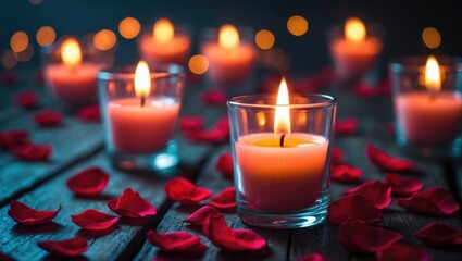 Poster - Intimate close-up of candles burning amidst red rose petals on a wooden backdrop