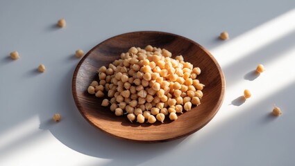 Aufkleber - Whole dry chickpeas placed on a wooden plate against a white background
