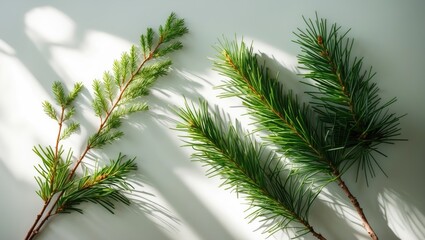 Aufkleber - Fresh pine branches presented against a pale backdrop, accentuating the rich green needles and their intricate textures.
