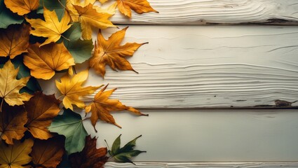 Aufkleber - Rustic wood surface with vibrant autumn leaves and room for decoration