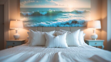 Poster - Contemporary bedroom design emphasizing comfort, soft colors, and blurred aesthetic elements