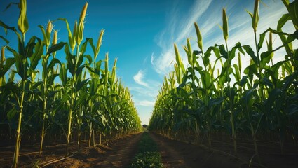 Poster - Flourishing corn plants in a fertile field suggest a generous harvest in the clear sky