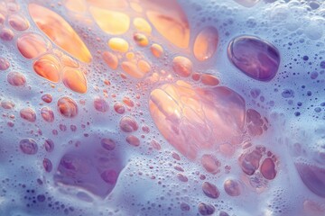 Poster - Colorful bubbles create a mesmerizing abstract pattern in a soft light during a tranquil moment of a bubble bath experience