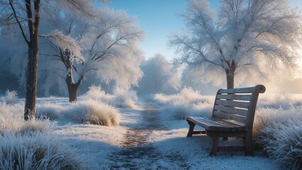Aufkleber - Quiet winter panorama with chilly trees and a traditional bench inviting deep thought