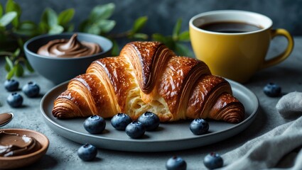 Aufkleber - Rustic breakfast idea featuring a fresh chocolate croissant with blueberries on a gray plate and a black coffee cup for a gourmet meal