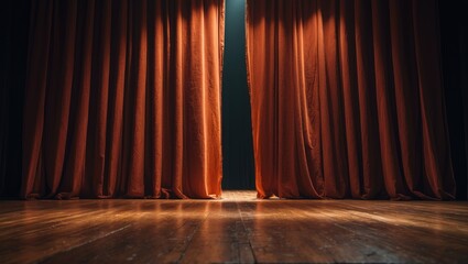 Aufkleber - Old-fashioned red-brown drapes on stage with wooden floor and backstage scene, textured backdrop