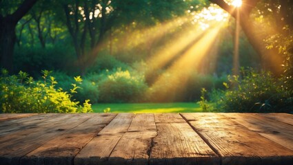 Poster - Garden backdrop with sunset illumination and a wooden desk