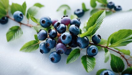 Aufkleber - Detailed view of blueberries, bilberries, and huckleberries on plant branches with green foliage against a white backdrop