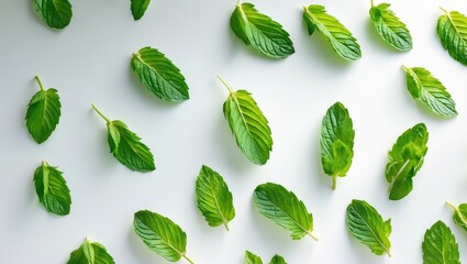 Poster - Mint leaves descending, isolated on a white surface, with a clipping path and extensive depth of field