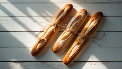 Poster - Hot baguettes displayed on a white wooden tabletop. Top-down view, blank space