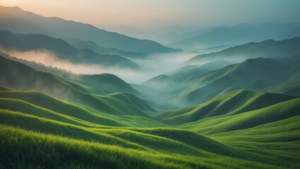 Poster - Mist-covered mountains at sunrise: beautiful nature scene and exploration concept