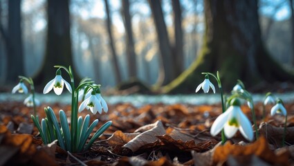 Aufkleber - Delicate Snowdrop Plants Sprouting Through Woodland Ground