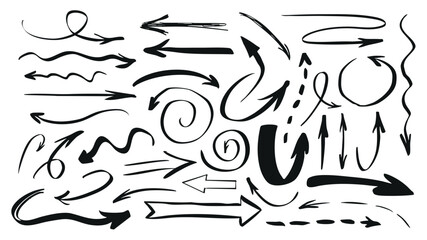 Aufkleber - Handwriting arrows set of marker brush stroke texture. Doodle elements with black hand drawn twisted, turning, swirling, pointing and curving cursors with different variation. Vector illustration.