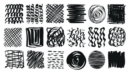 Aufkleber - Scribble square and round shapes set of marker brush stroke texture. Doodle handwriting elements with black abstract striped, grated, curves and waves lines decorative frames. Vector illustration.