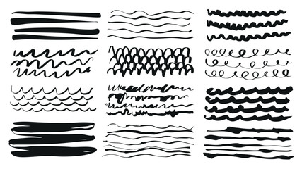 Aufkleber - Handwriting underlines set of marker brush stroke texture. Doodle elements with grunge black pen outline freehand shapes dividers, flowing swirls and curves highlight borders. Vector illustration.