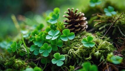 Aufkleber - Close view of lush green clovers, moss, and pine cones in a forest environment