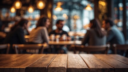 Poster - Dark background with a wood table top and golden lights creating a cozy cafe vibe in winter