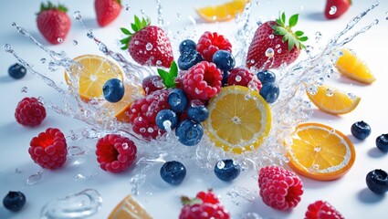 Poster - Fruits mixed in water splash, against an isolated background