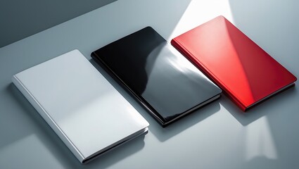Aufkleber - Mockup of White, Black, and Red Booklet and Folder Covers on Isolated Background