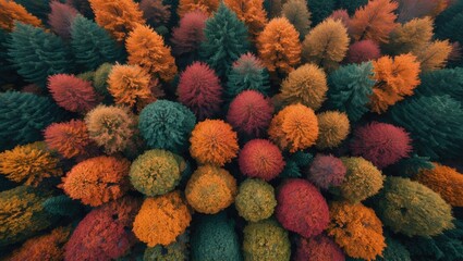 Aufkleber - Vivid autumn forest seen from the sky, photographed with a drone. Seasonal nature landscape background.
