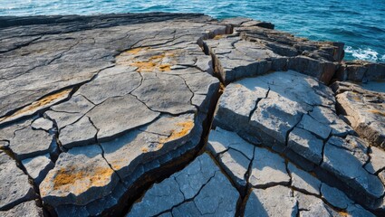 Aufkleber - Rough basalt surface with fractures and stones in a coastal landscape