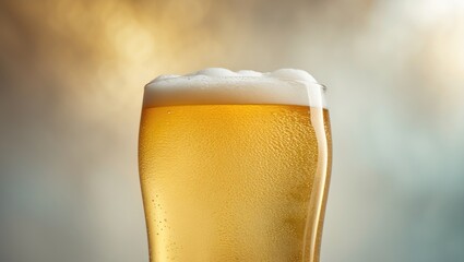 Poster - Macro shot of bubbling beer with foam on a glass surface