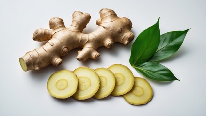 Poster - Fresh ginger roots with sliced portions and green leaves against a clean white background